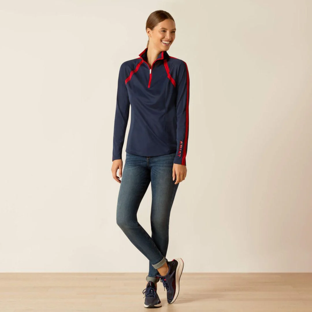 Ariat Women's Sunstopper 1/4 Zip Baselayer in Navy & Red - Image 4