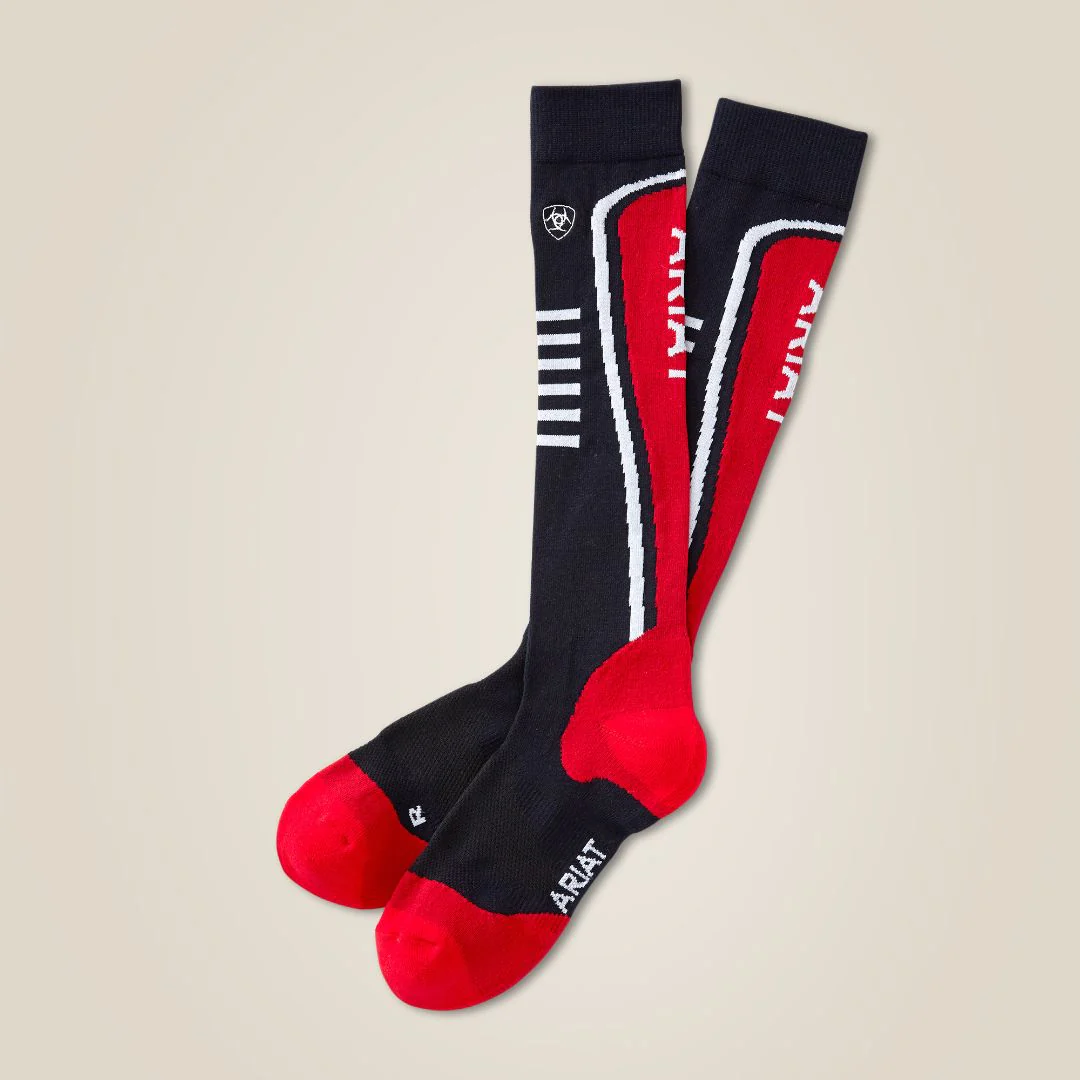 AriatTEK Slimline Performance Riding Socks in Red & Navy - Image 2
