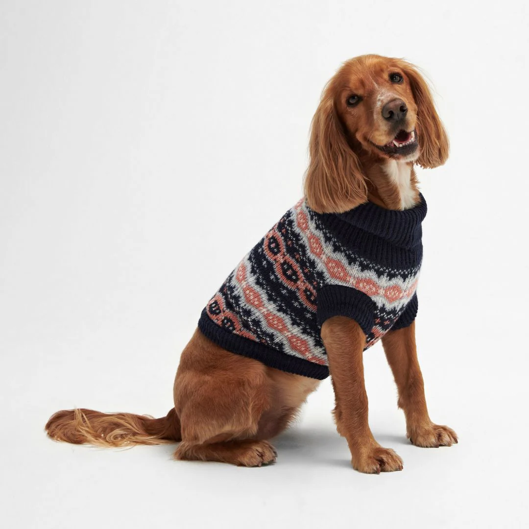 Barbour Fair isle Dog Jumper & Bobble Hat Gift Set in Pink & Navy - Image 4