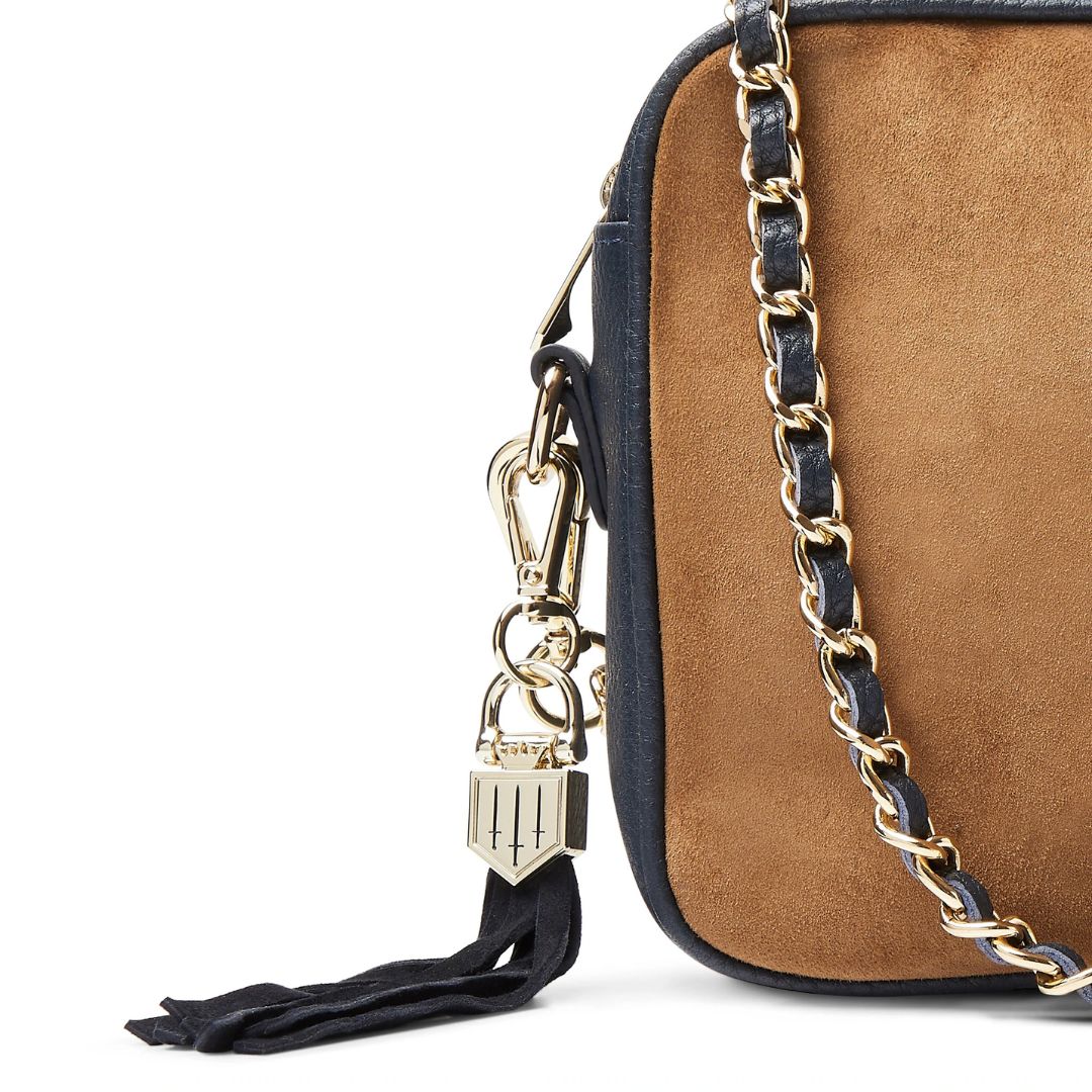 Fairfax & Favor Finsbury Crossbody Suede Handbag in Tan & Navy - Image 8