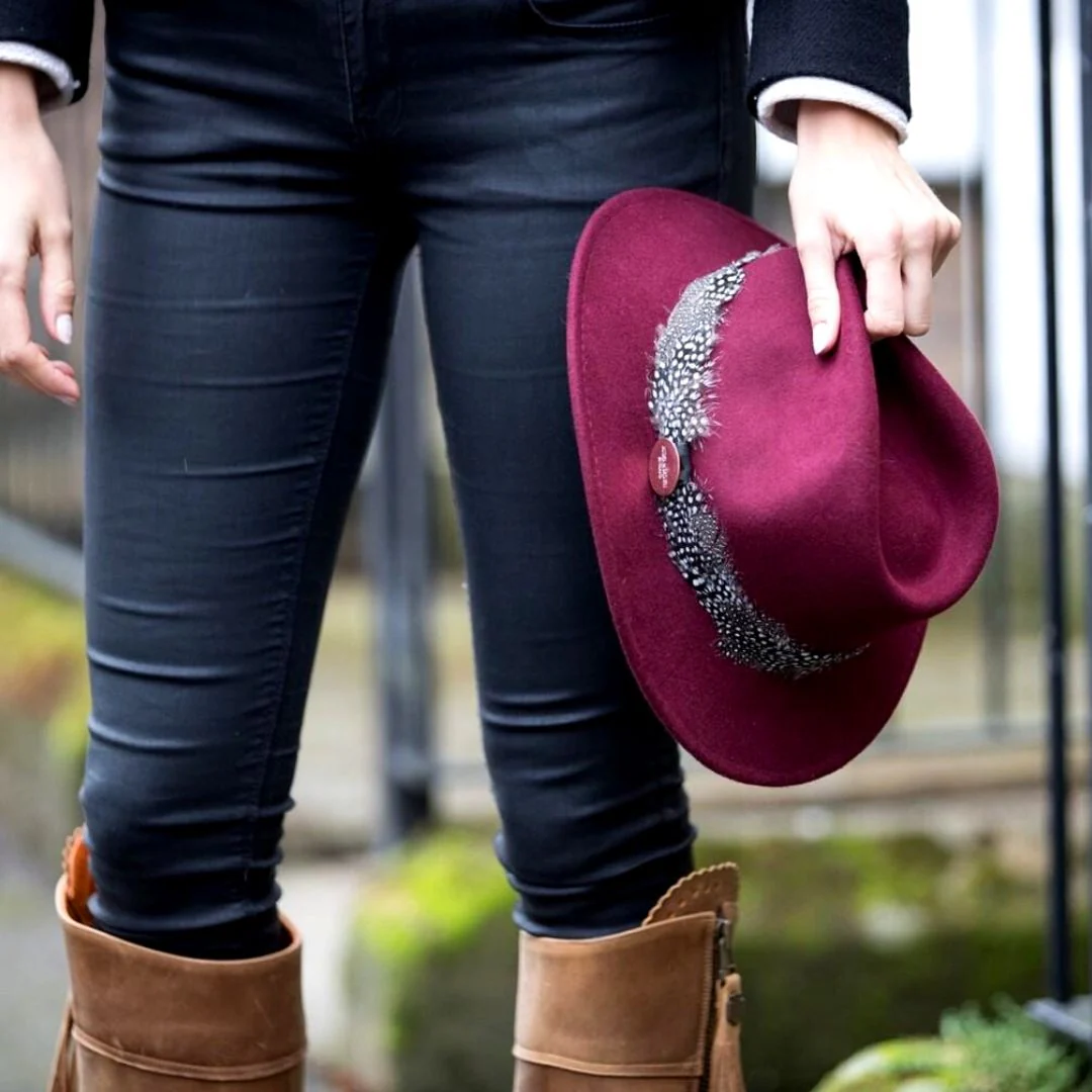 Hicks & Brown Suffolk Fedora in Maroon with Guinea Feather Wrap - Image 6