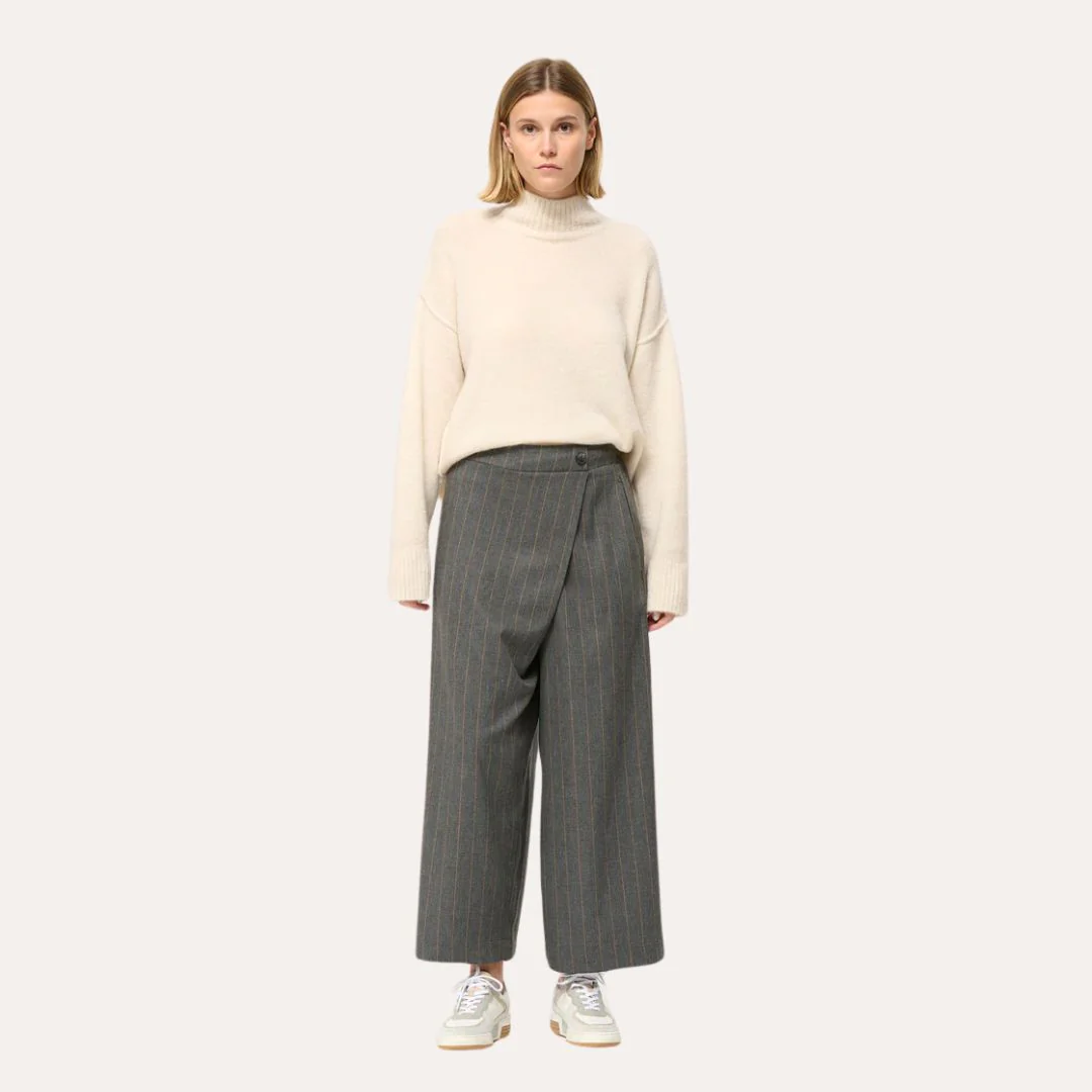 Humility Women's Asymmetric Wide Leg Trouser in Grey with Fine Stripes - Image 4