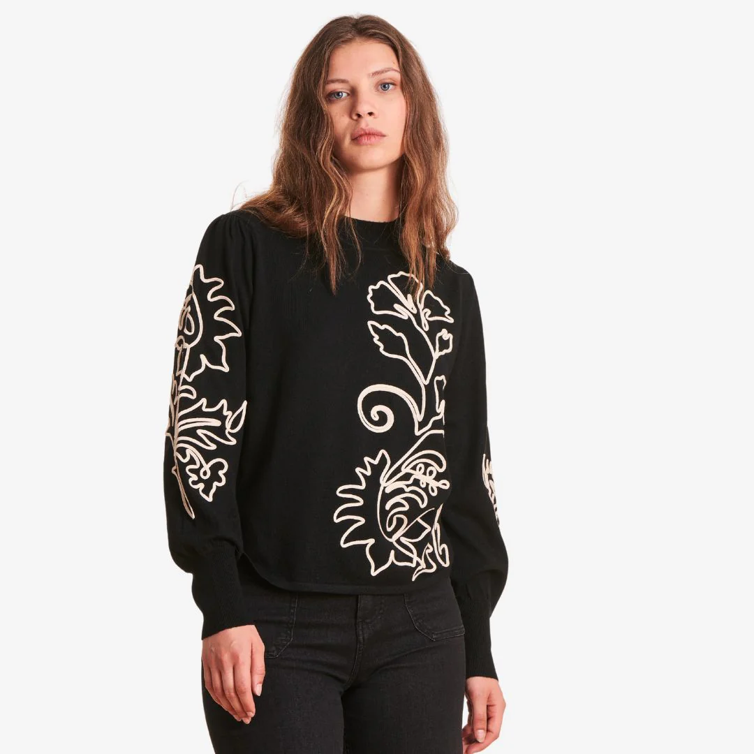 La Fee Maraboutee Women's Fine Knit Jumper in Black with Flower Embroidery - Image 2