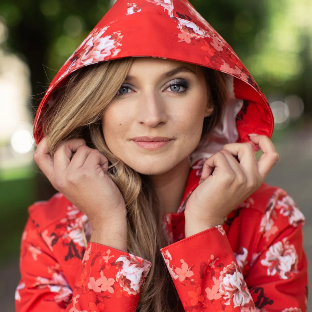 RainSisters Women's Hooded Swing Coat in Red Sun - Image 8
