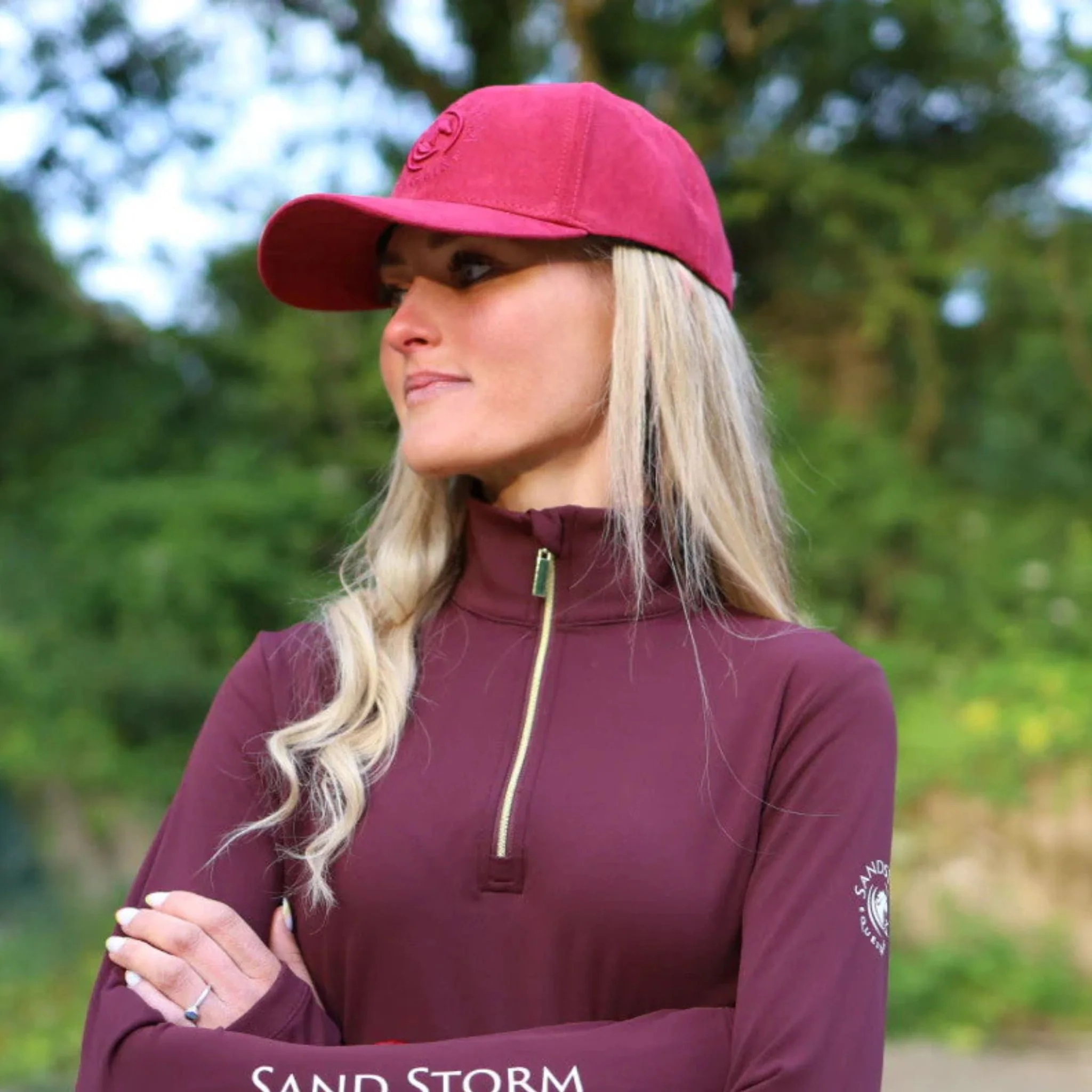 SandStorm Suede Effect Baseball Cap in Ruby - Image 2